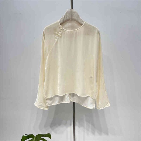 

women's polos chinese simple real velvet long sleeved shirt round neck pan buckle oblique placket design loose women's top, White
