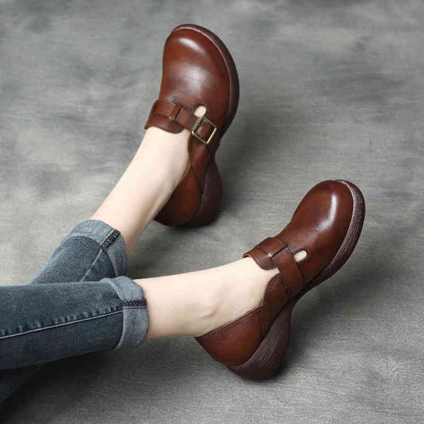 

sandals spring and autumn women's shoes cowhide slope heel buckle thick sole single women's round head or76, Black