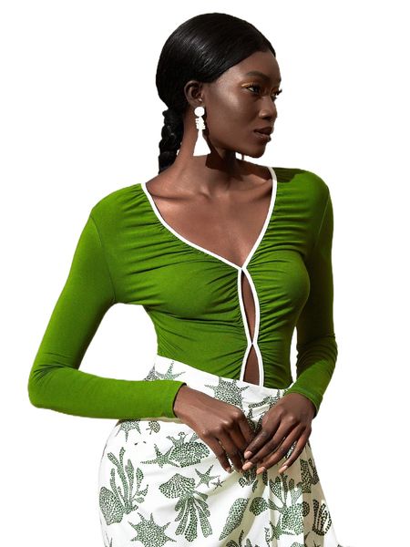 

newness contrast binding cutout ruched tee bodysuit 560b#, White