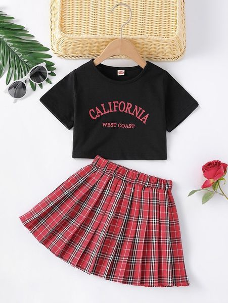 

toddler girls letter graphic tee & tartan pleated skirt she02, White