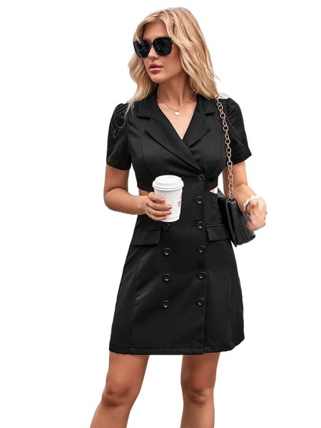 

lapel collar double button cut out dress v1bu#, Black;gray