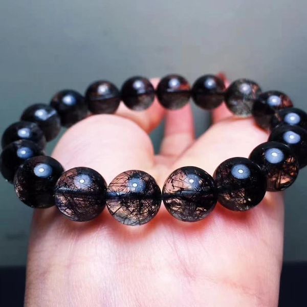 

natural black rutilated quartz crystal bracelet 10.7mm women men brazil clear round beads wealthy stone brazil genuine aaaaa, Silver