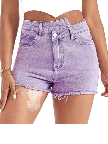 

asymmetrical waist raw trim denim shorts i9yf#, White;black