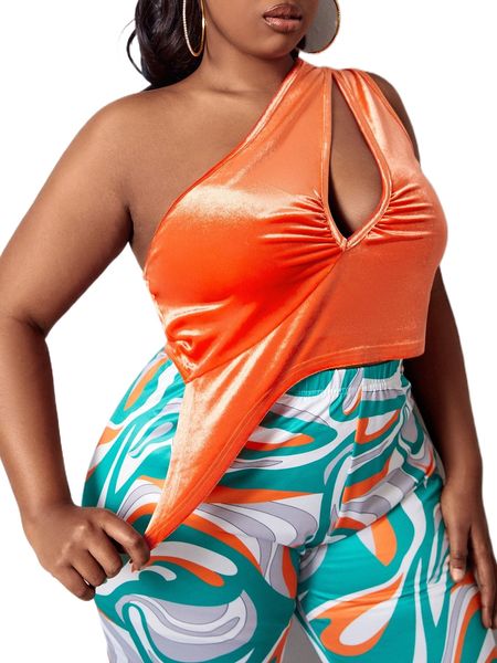 

sxy plus one shoulder cut out asymmetrical hem velvet 00oy#, Black