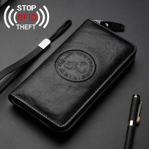 

vintage genuine leather wallet rfid theft protect wallet zipper coin pocket passport cover long purse for men card holder 2021, Red;black