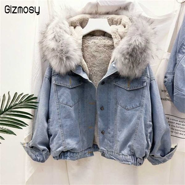 

gizmosy big faux fur collar denim jacket women winter hooded warm jean jacket student basic short parkas female bomber coat 211215, Black;brown