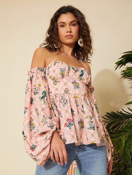 

allover floral print off shoulder frill trim l5vg#, White