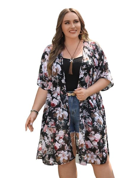 

plus floral print batwing sleeve chiffon kimono z1cl#, Black;gray