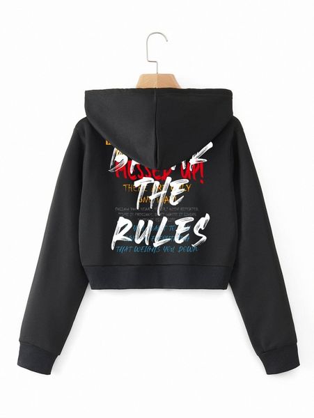 

slogan graphic zip up drawstring hooded sweatshirt z70p#, Black