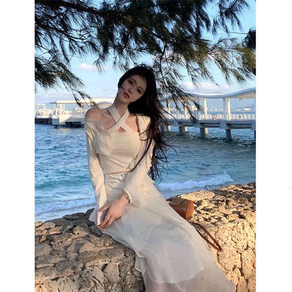 

skirts 2022 xianqi yarn skirt spring and summer medium long irregular design sense high waist beige sweet women's dress frwk, Black