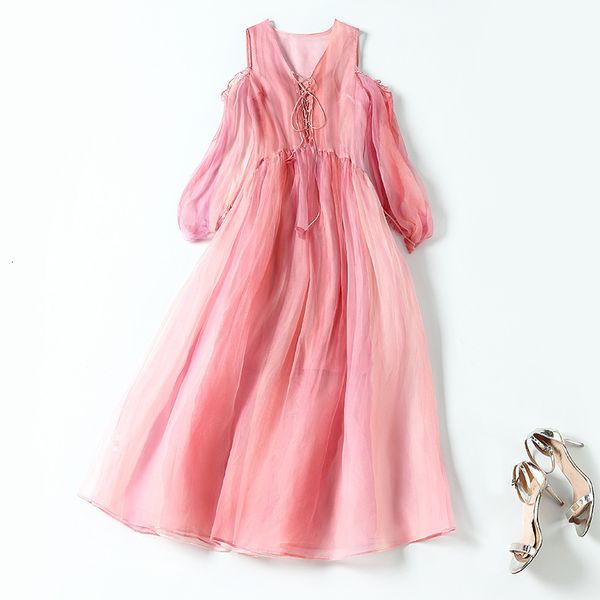 

casual dresses summer silk mulberry organza high waist pink thin temperament commuting solid color off shoulder medium length dress female w, Black;gray