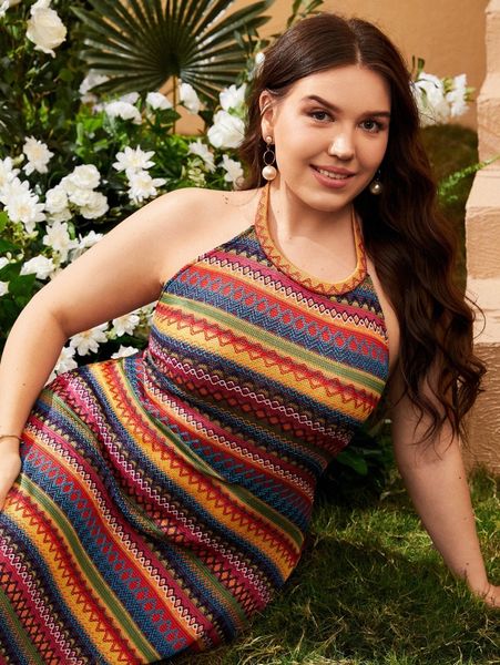 

plus tied backless geo pattern halter dress a7iz#, Black