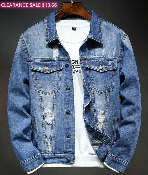 

men's jackets clearance sale man casual mens classic distressed blue denim jacket ripped hole fashion slim fit coat autumn outwear drop, Black;brown