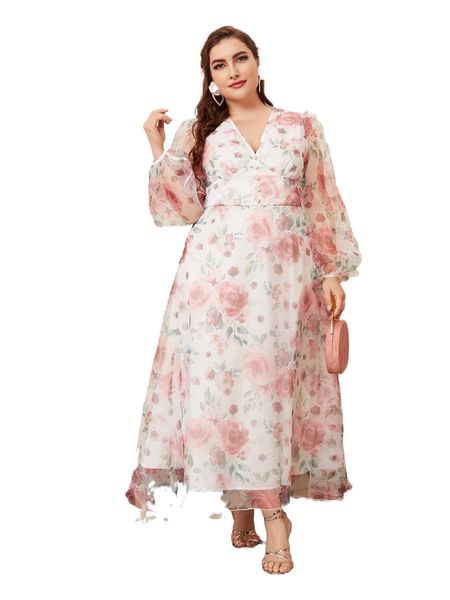 

plus 1pc floral print lantern sleeve organza dress 18vg#, Black