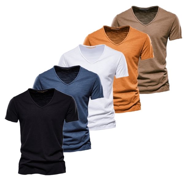 

aiopeson 5 pcs brand t shirt men casual solid color slim fit vneck tshirts men summer quality 100% cotton t shirt for men 220704, White;black