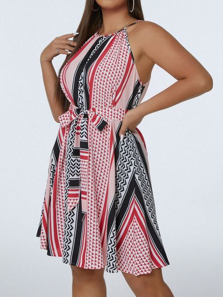 

plus striped & geo print belted halter dress p7oo#, Black