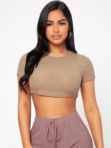 

petite solid rib-knit crop tee 38z3#, White