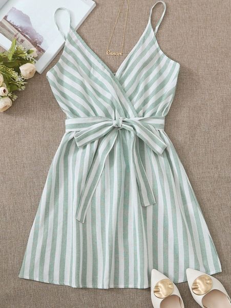 

surplice neck self belted striped cami dress s584#, Black;gray