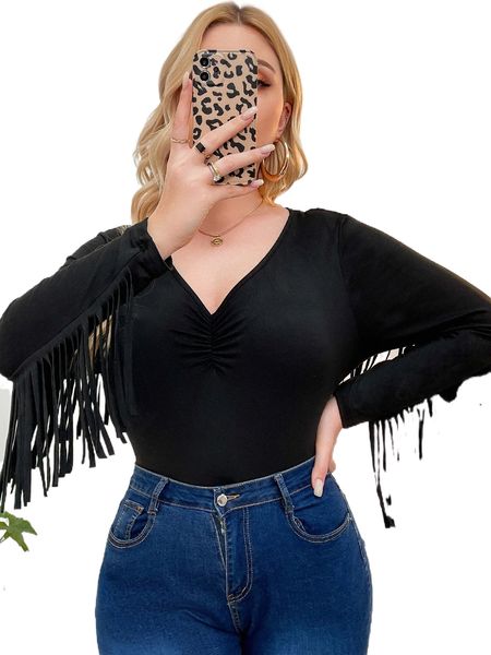 

plus solid ruched fringe tee v7xc#, Black