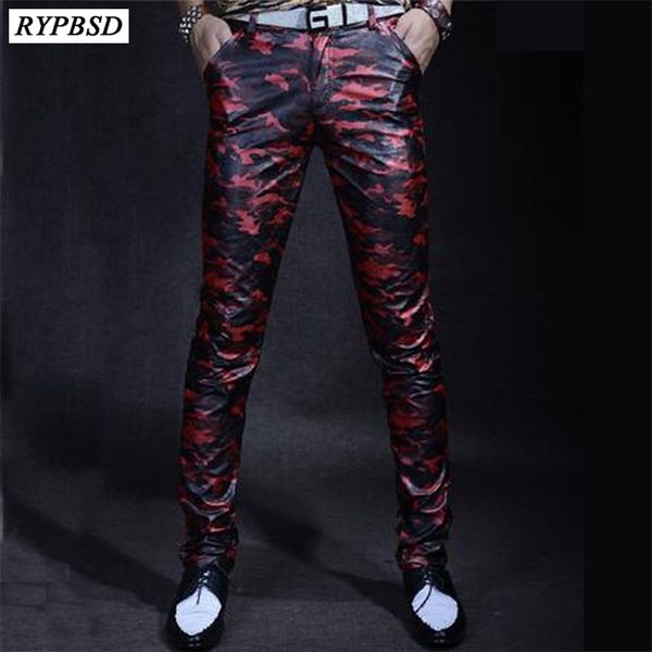 

2 colors leather pants men pu mens leather pants fashion casual slim fit zipper faux leather pants men 201128, Black