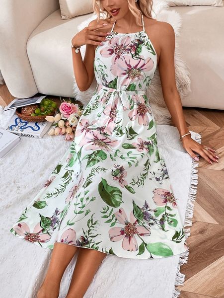 

floral print belted halter dress 25gh#, Black;gray