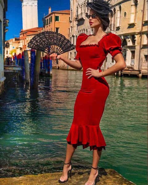 

casual dresses style bubble sleeve wrap chest mesh hollow out bandage medium length dress skirt, Black;gray