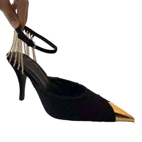 

dress shoes summer women chain shoes fashion lady high heel brand designer pointed toe genuine leather suede fabric sandals pumps, Black