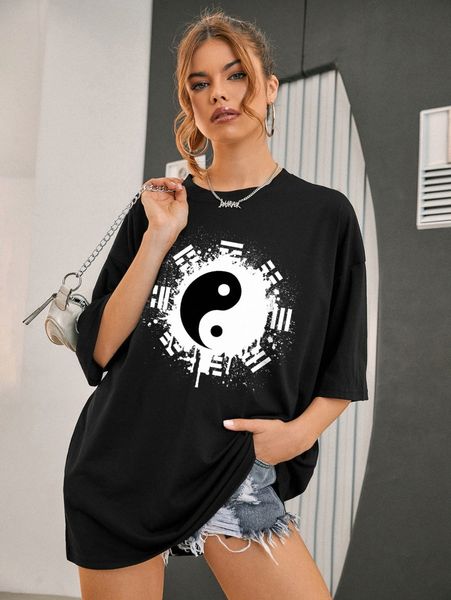 

yin & yang print drop shoulder oversized tee s1ia#, White