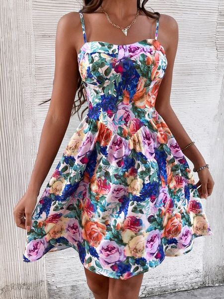 

floral print shirred back slip dress w3uj#, Black;gray