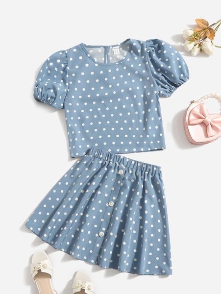 

girls polka dot puff sleeve & skirt set she, White