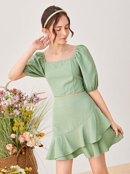 

teen girls puff sleeve shirred back swiss dot & ruffle hem skirt set she, White