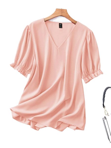 

plus solid v-neck flounce sleeve blouse b28b#, Black