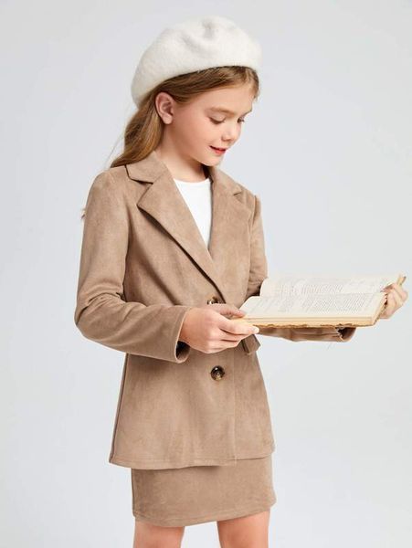 

girls button front suede blazer and skirt set she, White