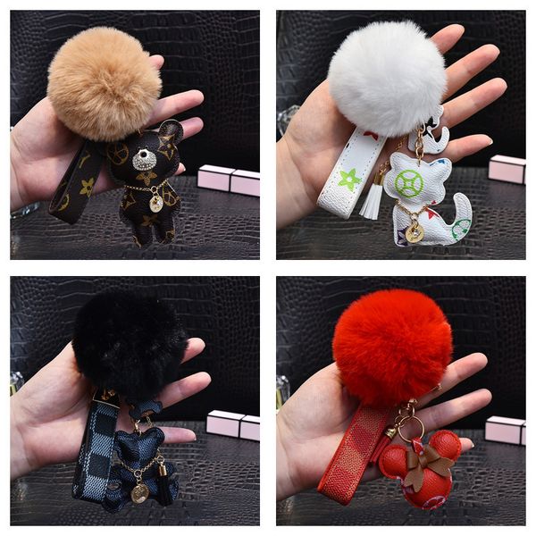 

cute pompom keychains fashion cat teddy bear designer key chain ring gifts women pu leather car buckles bag charm accessories men animal key, Slivery;golden