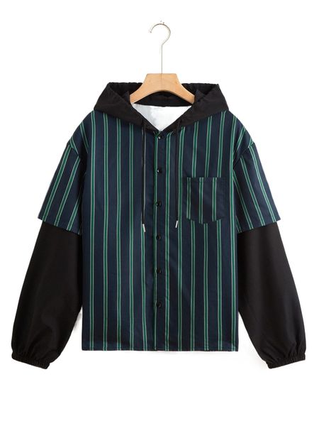 

men 1pc striped drawstring hooded 2 in 1 jacket 15ac#, Black;brown