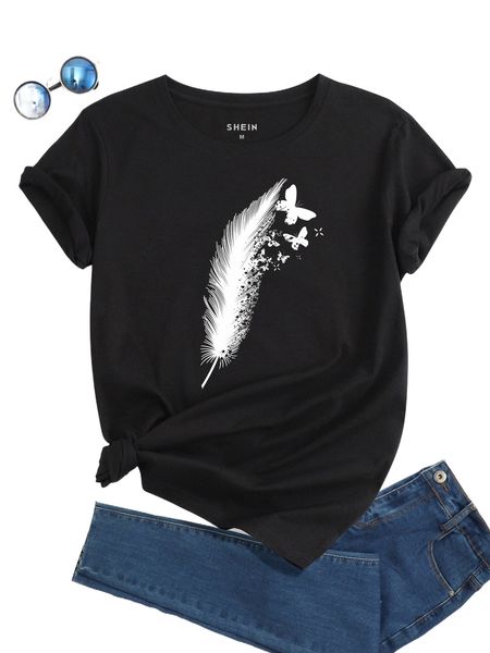 

feather and butterfly print tee o5no#, White