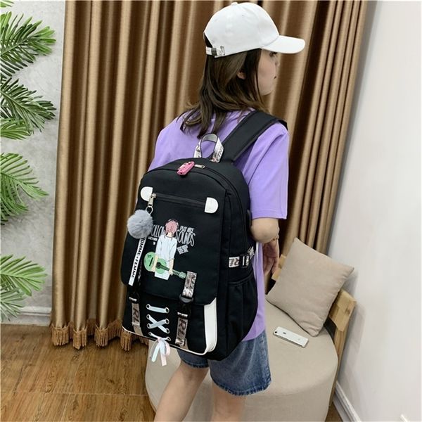 Bolsas de escolas verdes para meninas Bolsa para mulheres para a Backpack da escola USB Teenage Nylon Solid Teen Schoolbag Girl preto de grande capacidade LJ201225