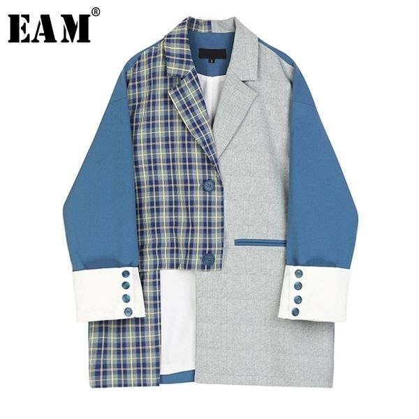 

eam women blue plaid split joint big size blazer lapel long sleeve loose fit jacket fashion spring autumn 1s347 y201026, White;black