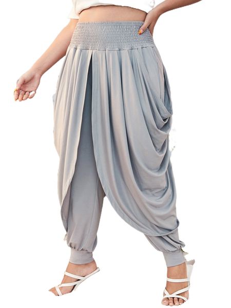 

plus shirred draped drop crotch pants 83hv#, Black