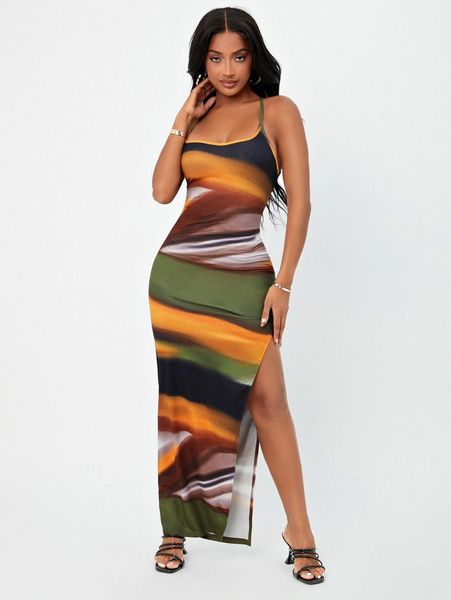 

sxy tie dye criss cross backless split thigh dress l1nm#, Black;gray