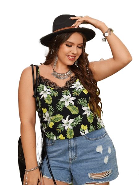 

plus tropical print lace detail cami h67h#, Black