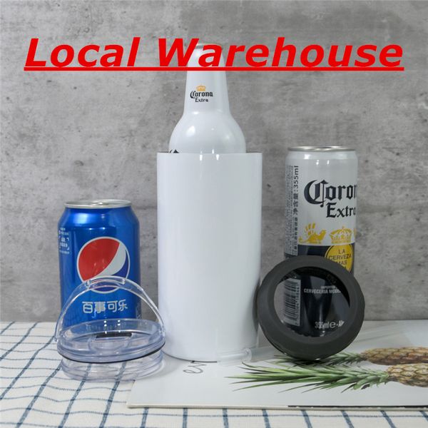 Local Warehouse 4 in 1 Sublimazione 16 once Raffreddatori di birra Bicchieri dritti vuoti bianchi con 2 coperchi Porta lattine in acciaio inossidabile Bottiglie d'acqua a doppio isolamento A12