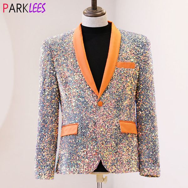 

luxury shiny colorful embellished blazer jacket men shawl collar one button orange singer costumes mens party club prom blazers 220809, White;black