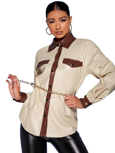 

contrast panel flap detail pu leather coat with chain 71hf#, Black