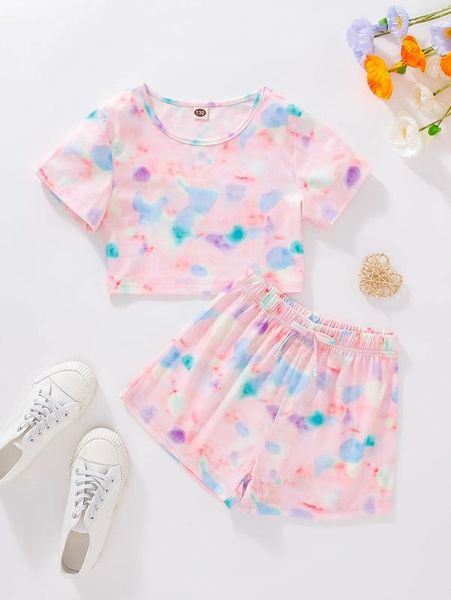 

girls tie dye tee and shorts she, White