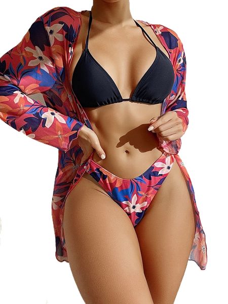 

sxy 3pack floral print triangle bikini swimsuit & kimono o2mz#, White;black
