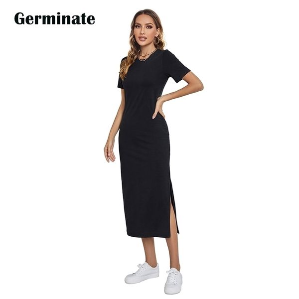 Maxi-T-Shirt-Kleid für Damen, Sommer, lässig, Strand, Party, figurbetont, sexy Boho, elegant, schwarz, mit hohem Schlitz, Vintage-Baumwolle, Sonne, lange Kleider 220705