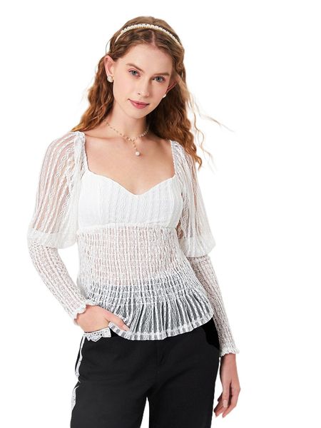 

mod gigot sleeve shirred mesh peplum y4he#, White