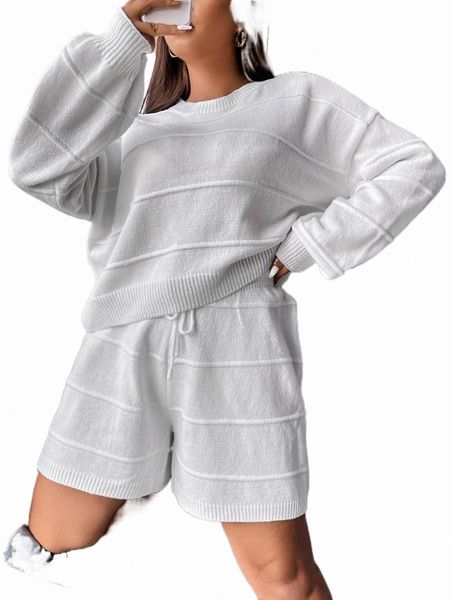 

plus drop shoulder sweater & drawstring waist knit shorts q0t4#, Black