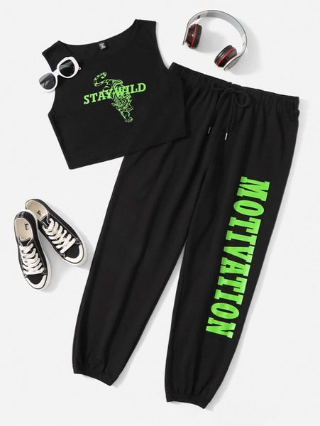 

plus tiger & slogan graphic tank & drawstring waist sweatpants q7cj#, Black